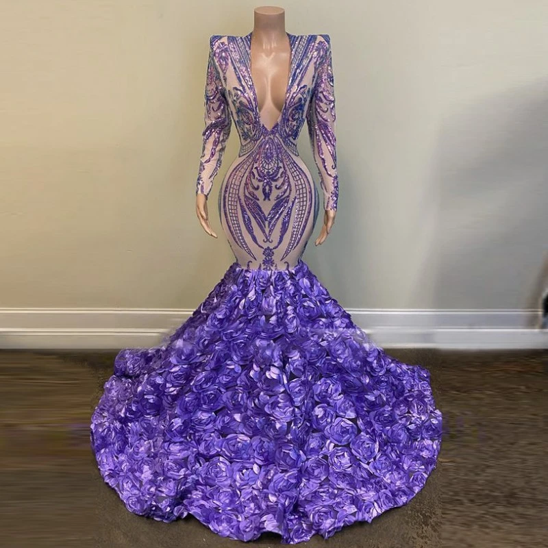 Sparkly Purple Sequined Prom Dresses Long Sleeves Sexy Deep V Neck Black Girls Party Gowns 3D Flowers African Evening Dress mermaid prom dresses