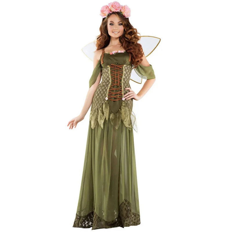 

Carnival Lady Flower Fairy Costume Pixie Fairy Forest Green Elf Cosplay Halloween Party Fancy Dress