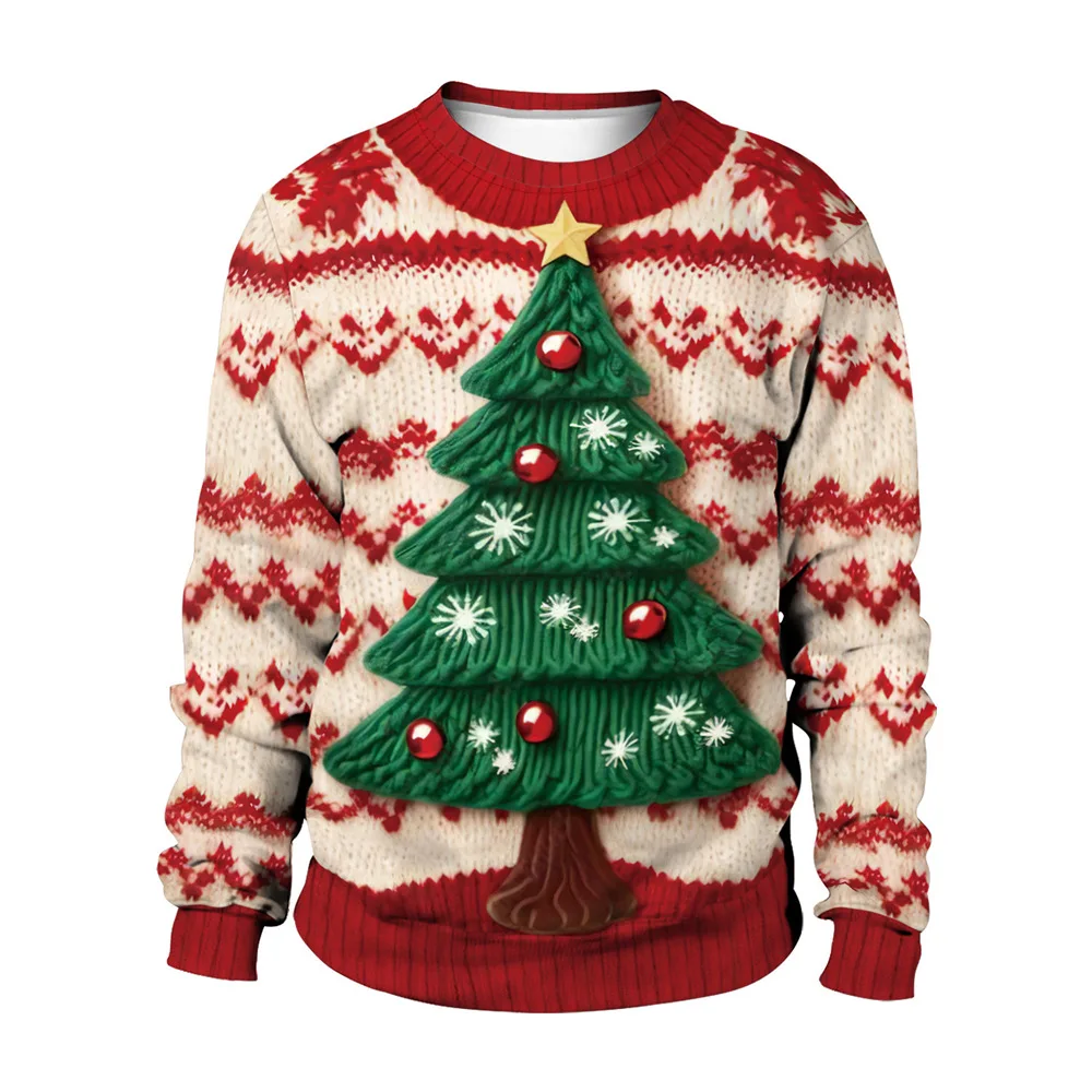 Suéter de imitación de árbol de Navidad y muñeco de nieve nuevo con impresión digital 3D y cuello redondo con patrón de pareja para Navidad