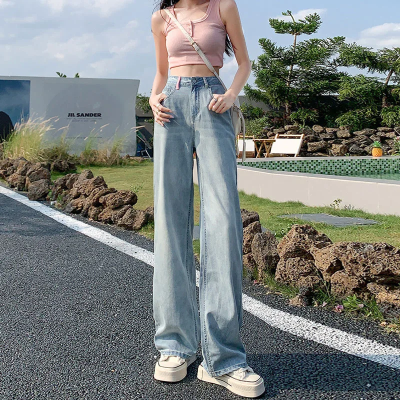 Denim Planet Straight Leg Jeans for Women's High Waisted 2024 Summer New Tassel Sweet Cool Floor Mopping Wide Leg Pants