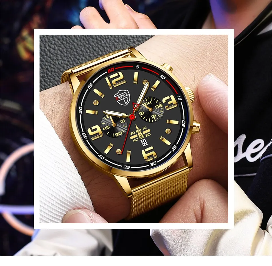 S8af73b1dc53d4d75b50fe158a647995dp 2PCS Fashion Mens Business Sports Watches Male Casual Stainless Steel Mesh Belt Quartz Watch Men Necklace Wrist Watch Mallzona