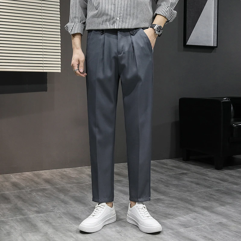 

BROWON Smart Casual Dress Pants Men Clothing Summer Mid Straight Ankle-Length Suit Pants Solid Color Fashion Business Trousers