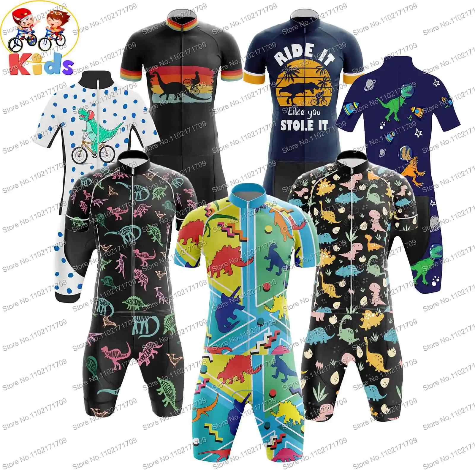 Kids Dinosaur Pattern Funnny Cycling Jersey Set Short Sleeve Quick Dry Road Bike Shirts Suit Blue Black Bike Wear MTB Maillot