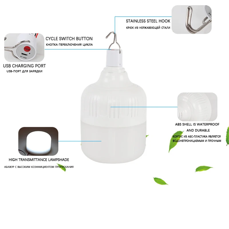 Portable Camping Light USB Rechargeable Bulb LED Outdoor Emergency Light Camping Fishing BBQ Hanging Night Light Adjustable in Multiple Gears