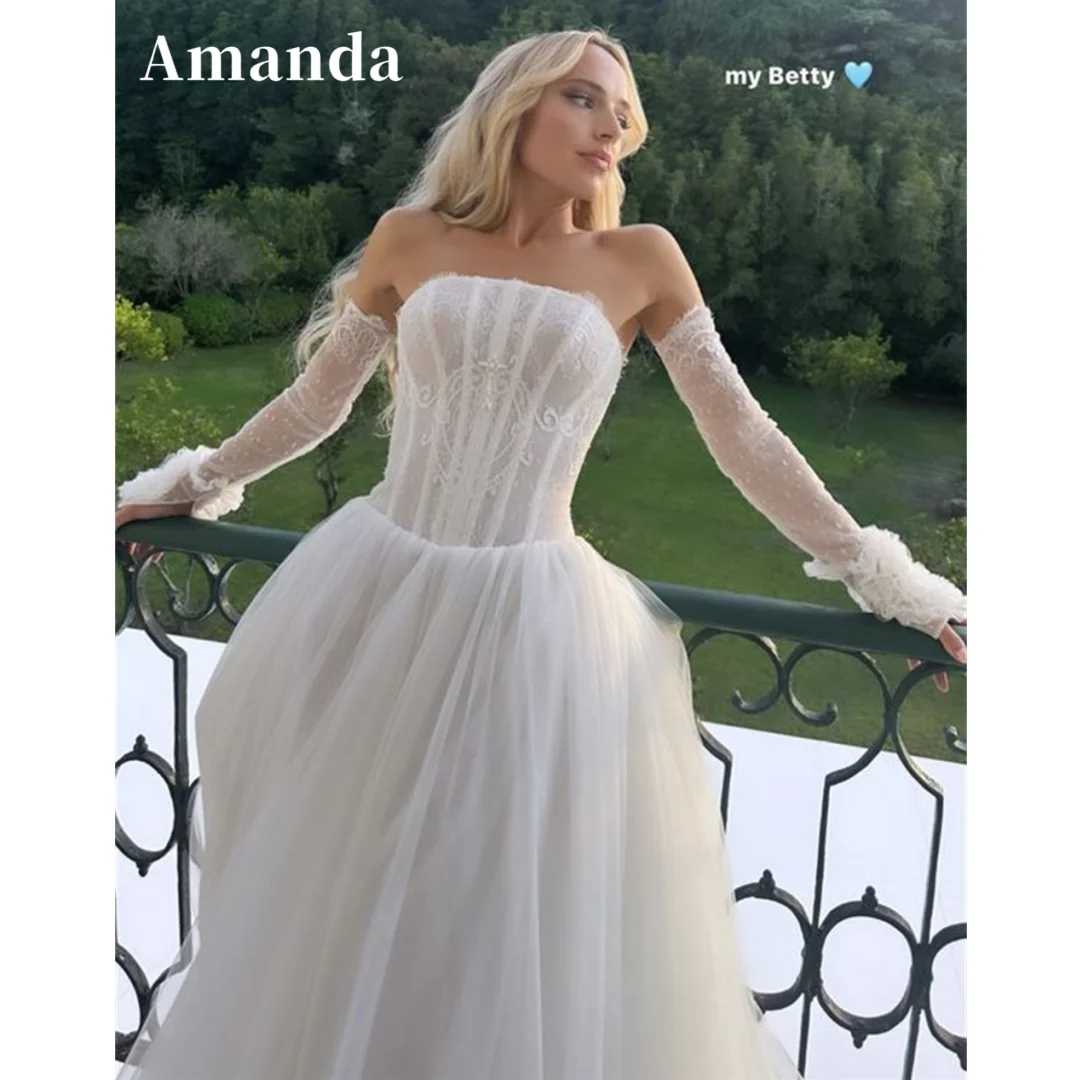 

Женское вечернее платье-трапеция Amanda, белое Тюлевое платье со съемными рукавами и шлейфом, без бретелек, для выпускного вечера, 2024