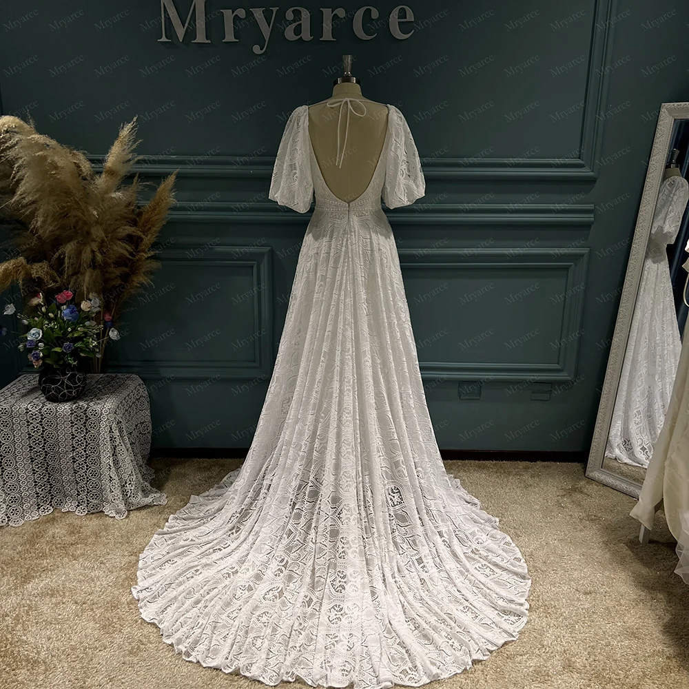 Mryarce 2022 Trending Detachable Statement Sleeves Plunging Neck Open Back Lace Wedding Dress Bridal Gowns 2