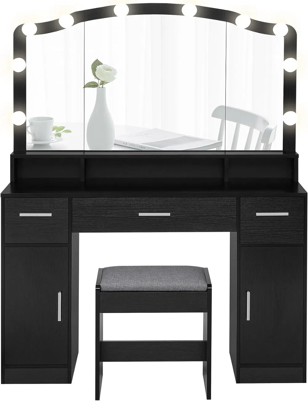 

usikey 43.3" Vanity Desk with Lighted Mirror, Makeup Vanity Table with 3 Drawers, 2 Cabinets & Long Storage Shelf, 10 Led Lights