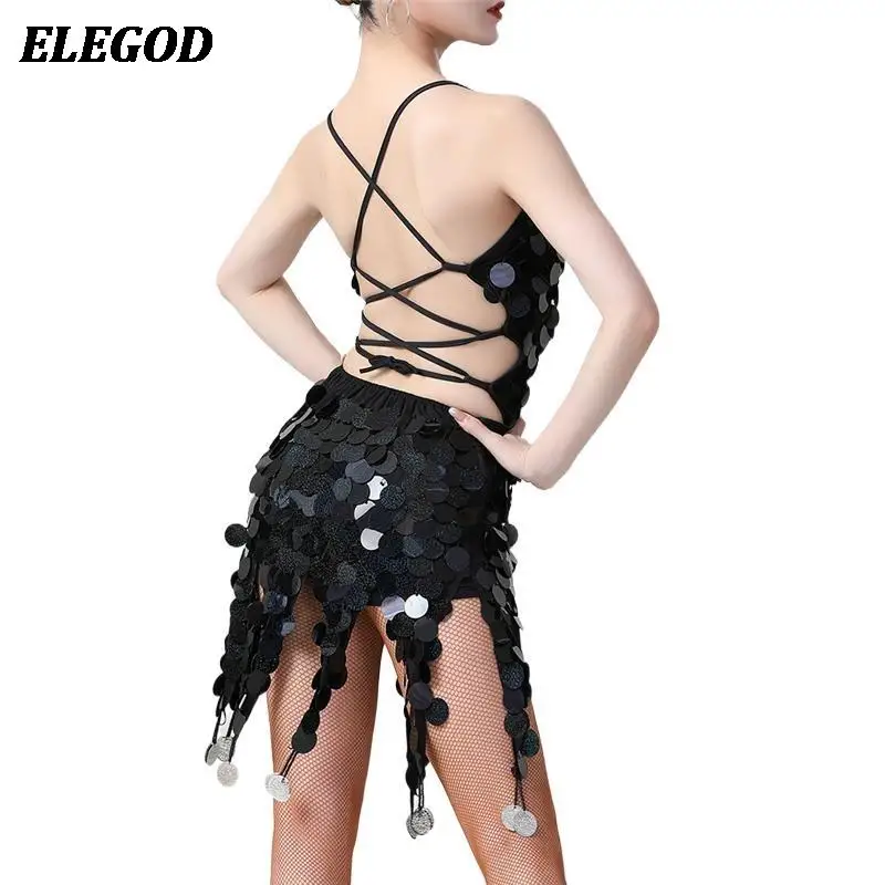 Women Sequins Coins Latin Dance Dress Ladies Girls Shiny Tassel Salsa Tango Cha Cha Rumba Samba Practice Training Costumes Set dance dress