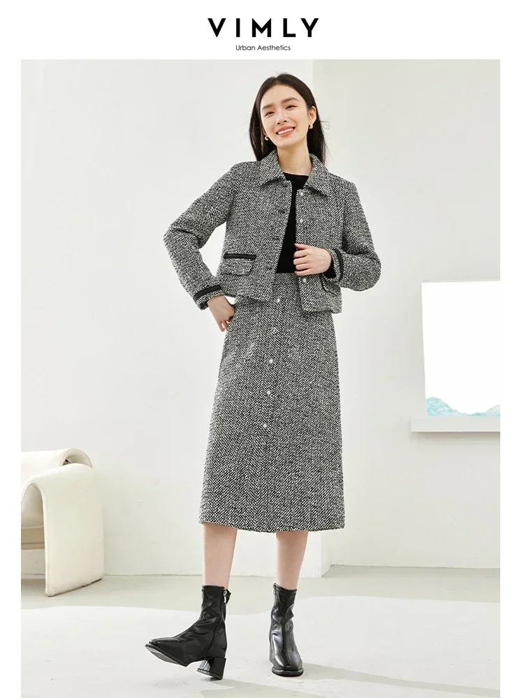 

Vimly Elegant Tweed Suit Lapel Quilted Cropped Jacket A-line Midi Skirts 2023 Autumn Two Piece Set for Women Matching Sets M3900