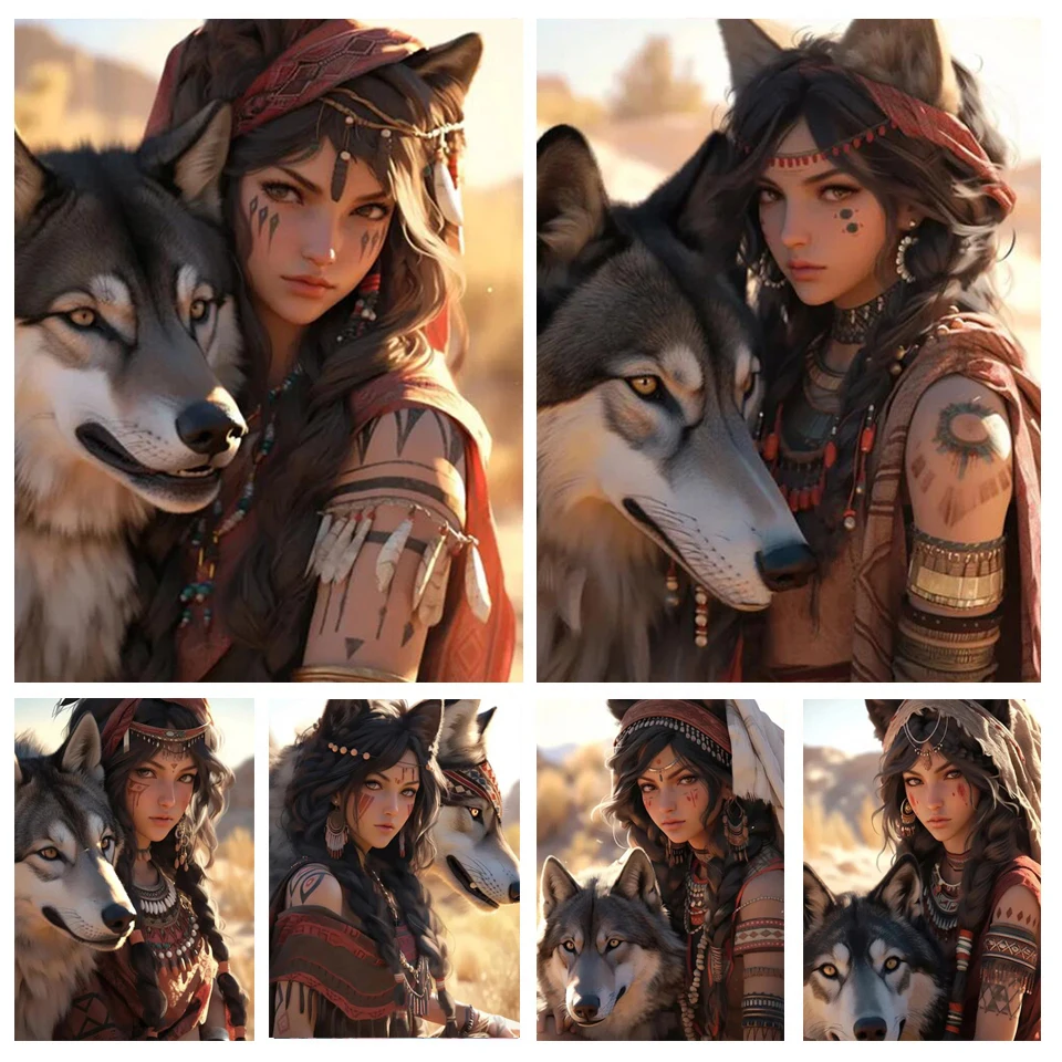 

Алмазная 5D картина «сделай сам», полная вышивка, индийская племенная девушка, волк, Алмазная мозаика ручной инкрустации, вышивка, домашний декор G534