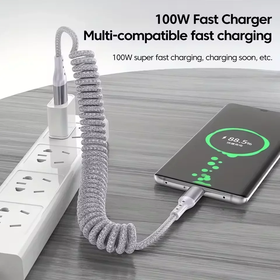 รูปสินค้า สายชาร์จสปริง USB-C 25-150 ซม. ชาร์จเร็ว 100W สำหรับมือถือ