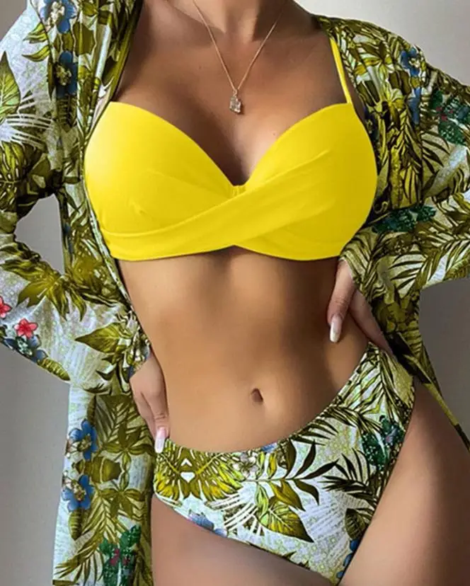 Sexy Bikini Set for Women with Cover Up 2024 Summer Vacation Open Front 3Pcs Tropical Floral Print Crisis Cross Bikini Set Beach