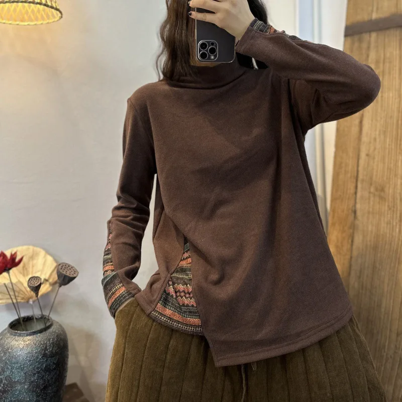 

Women's Spring Autumn Turtleneck Printing Solid Pullover Patchwork Long Sleeve T-shirt Undershirt Elegant Office Lady Slim Tops