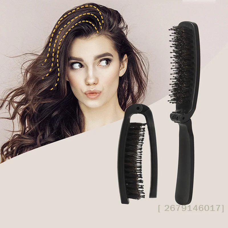 【YY26】접이식 헤어 빗 휴대용 멧돼지 털 헤어 브러시 곱슬머리 및 푹신한 헤..