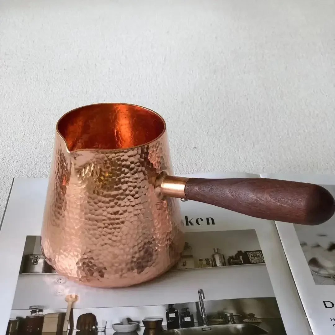 Pure Copper Latte Pitcher Milk Jug Wooden Handle Kettles Hammer Handcraft Drinkware Tableware 500ml
