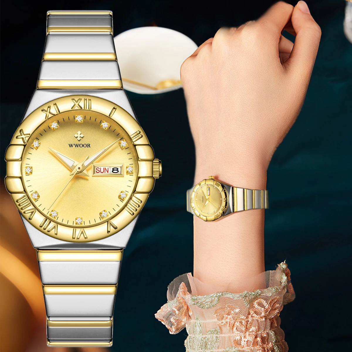WWOOR New Gold Ladies Watches Ladies Steel Women's Bracelet Watches Female Quartz Clock Waterproof Relogio Feminino Montre Femme