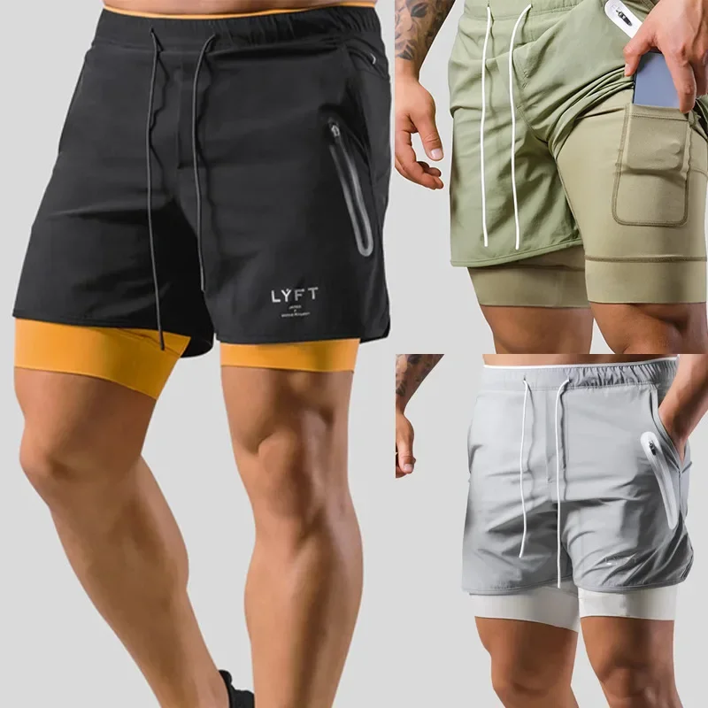Men's Sporty Casual Shorts Double Layer for Basketball Fitness Sweat Absorbent Quick Dry