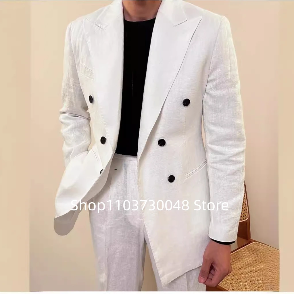 Casual Men's White Linen Suits Peak Lapel Double Breasted Blazer Pants 2 Piece Wedding Groom Tuxedo Summer Prom Party Suits Set