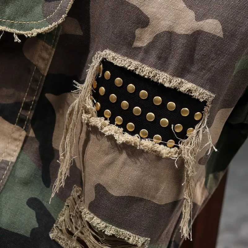 Workwear Camouflage Shorts Men's Summer Hole & Patch Street Design Loose Casual Cool Trendy Capris Men's Clothing