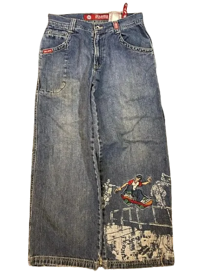 JNCO 힙합 스케이트보드 청바지, 그래픽 자수, 레트로, 블루, 헐렁한 청바지, 하라주쿠, 하이 웨이스트, 와이드 팬츠, 스트리트웨어