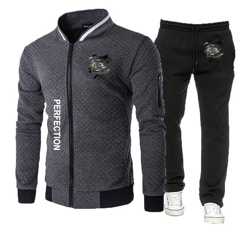 2023 Glock Perfect Shooting New Men's Hat-less Zipper Hip Hop Spring and Autumn Fitness Running Sportswear+Pants Leisure Suit