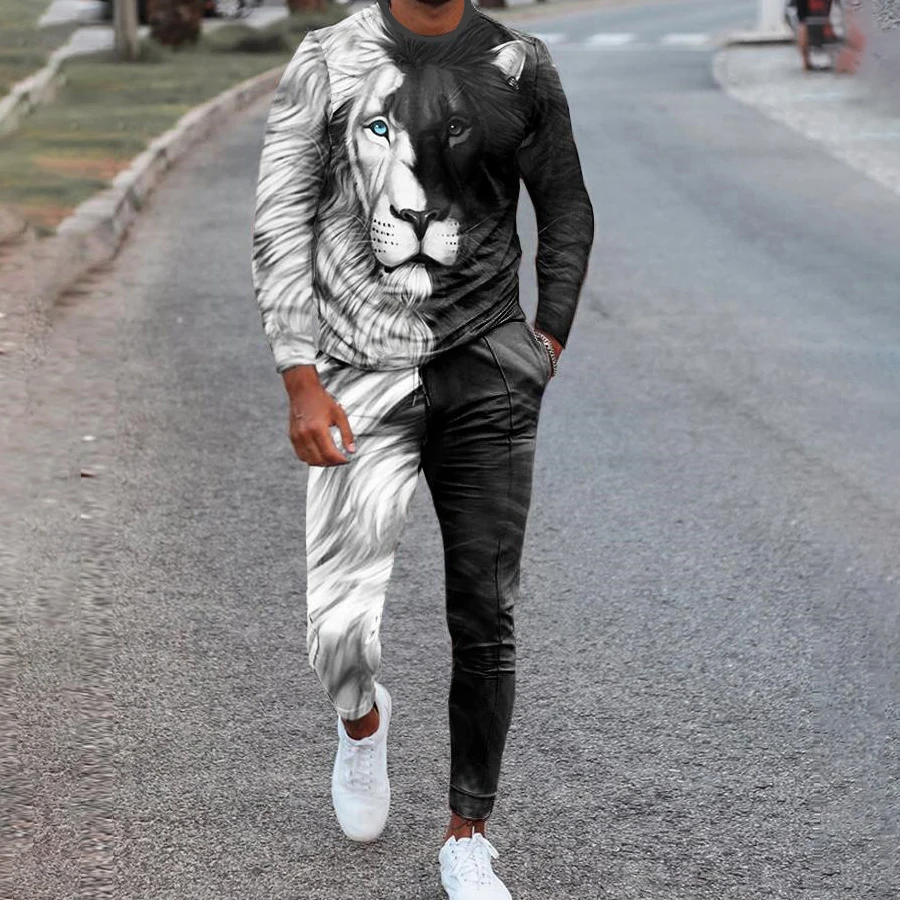 Men's Tracskuit 2-piece K King Letter 3D Printed Oversized Casual Suit Fashion Streetwear Long Sleeve T-Shirt Trousers Outfits
