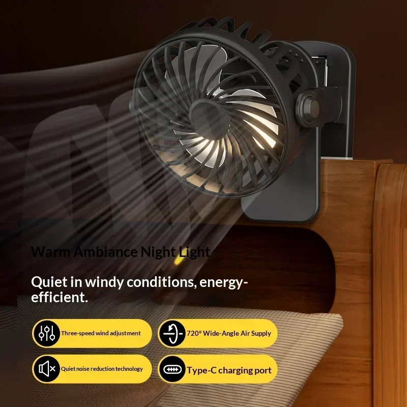 Compact USB Rechargeable Clip-On Fan with Adjustable Speeds and 720° Rotation