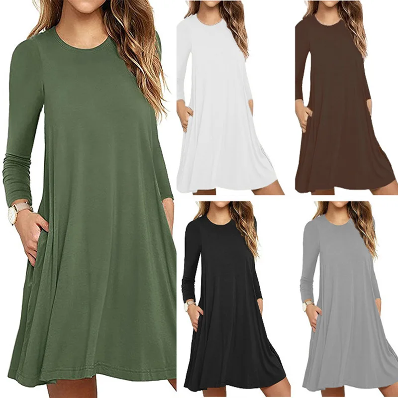 

2023 Womens Long Sleeve Dresses Round Neck T-Shirt Dress Spring Summer Ladies Pleated Swing Casual Loose Pullover Streetwear