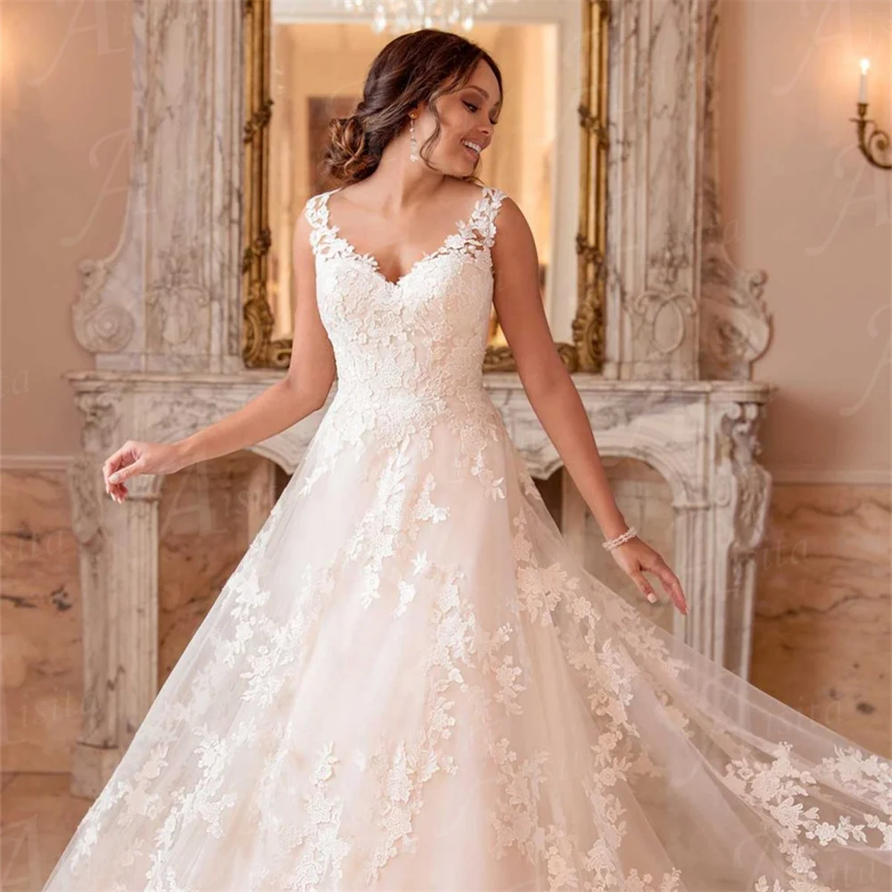 Sexy Illusion A-line Wedding Dress Tank Sleeve Lace Appliques Bride Dresses V Neck Court Train Bridal Gown Robe De Mariee