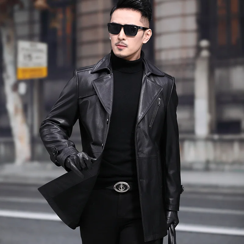 Men's Mid-Length Genuine Leather Sheepskin Coat Trench Cowhide