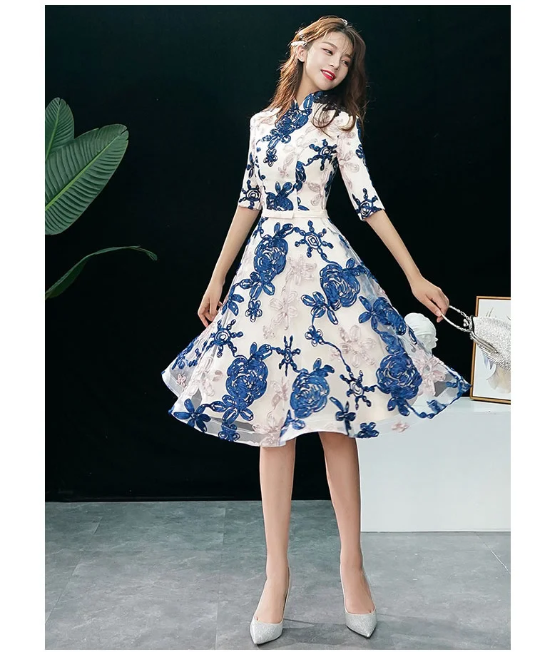 Simple Lace Flower Blue Prom Dresses 2020 Vintage High Neck A-line Short Homecoming Dresses With Half Sleeves simple prom dresses