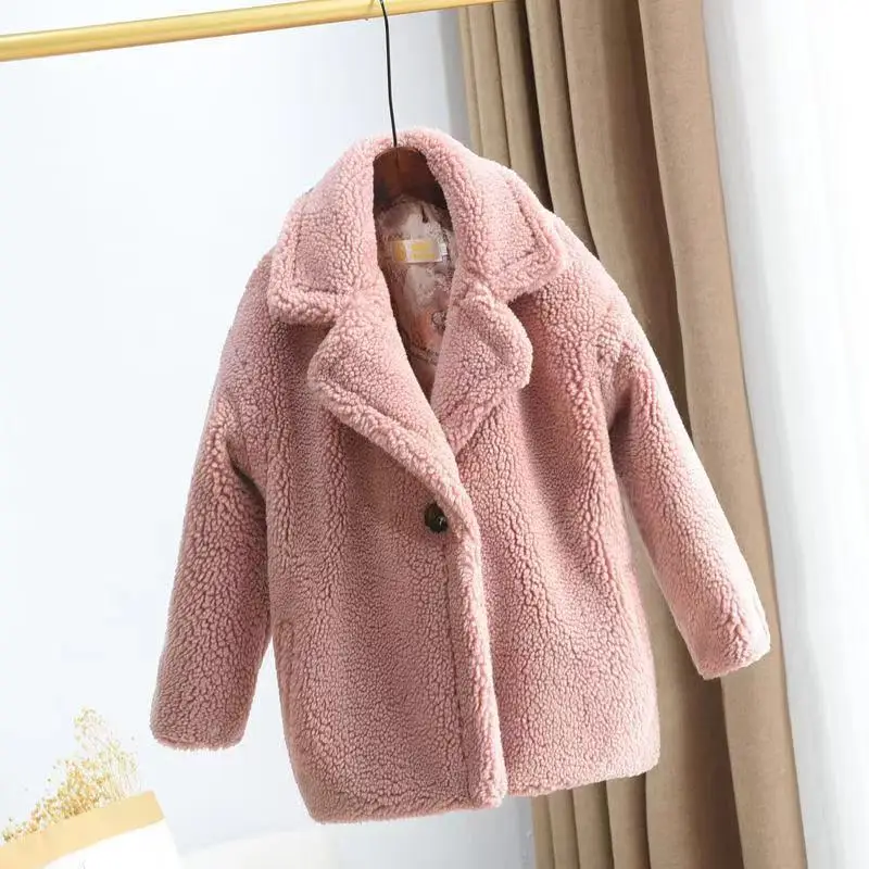 Solid Single Button Girls Fleece Woolen Coats 2023 Autumn Winter Warm Full Sleeves Turn-down Collar Mid-Length Blends Outerwear