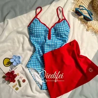 Retro Blue Red Separate Embroidered Bikini High Waist Slimming Thermal Vacation Photography Belly Cover up Women's Swimsuit