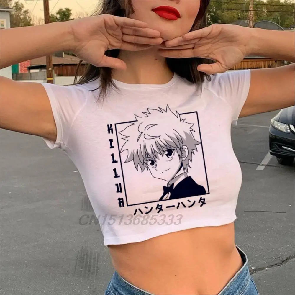 

Killua Manga Women Printed Crop Tops Japanese Anime Demon Graphic Short T Shirts Female Comfy Cotton Sweatshirts White Tees