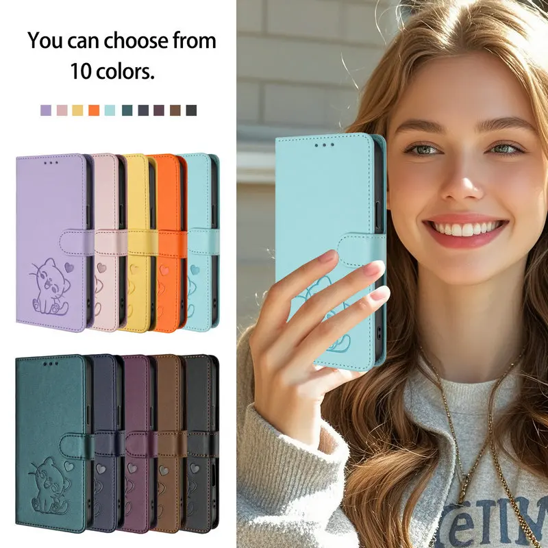 Luxury Embossed Cat Leather Flip Case ליל הילף 5G Smartphones