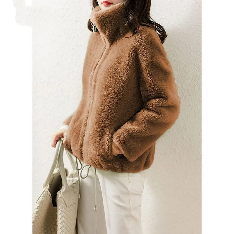 Women's Autumn Winter Solid Turtleneck Zipper Flocking Cardigan Vacation Coats Fashion Elegant Office Lady Vintage Loose Tops