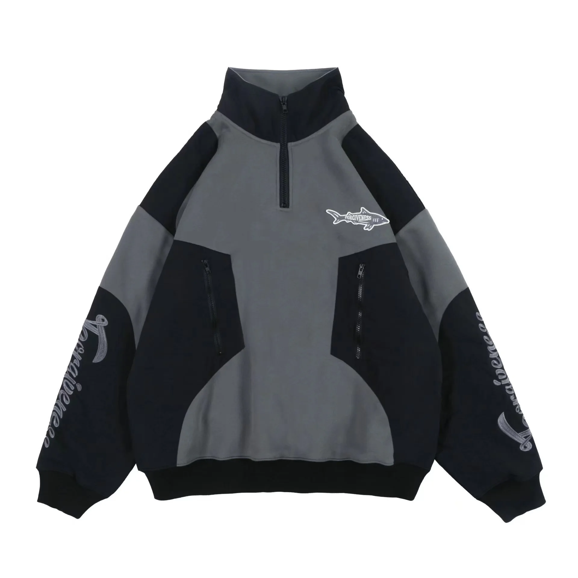 

Half Zipper Stitching Plus Fleece Street motorcycle overcoat hoodie