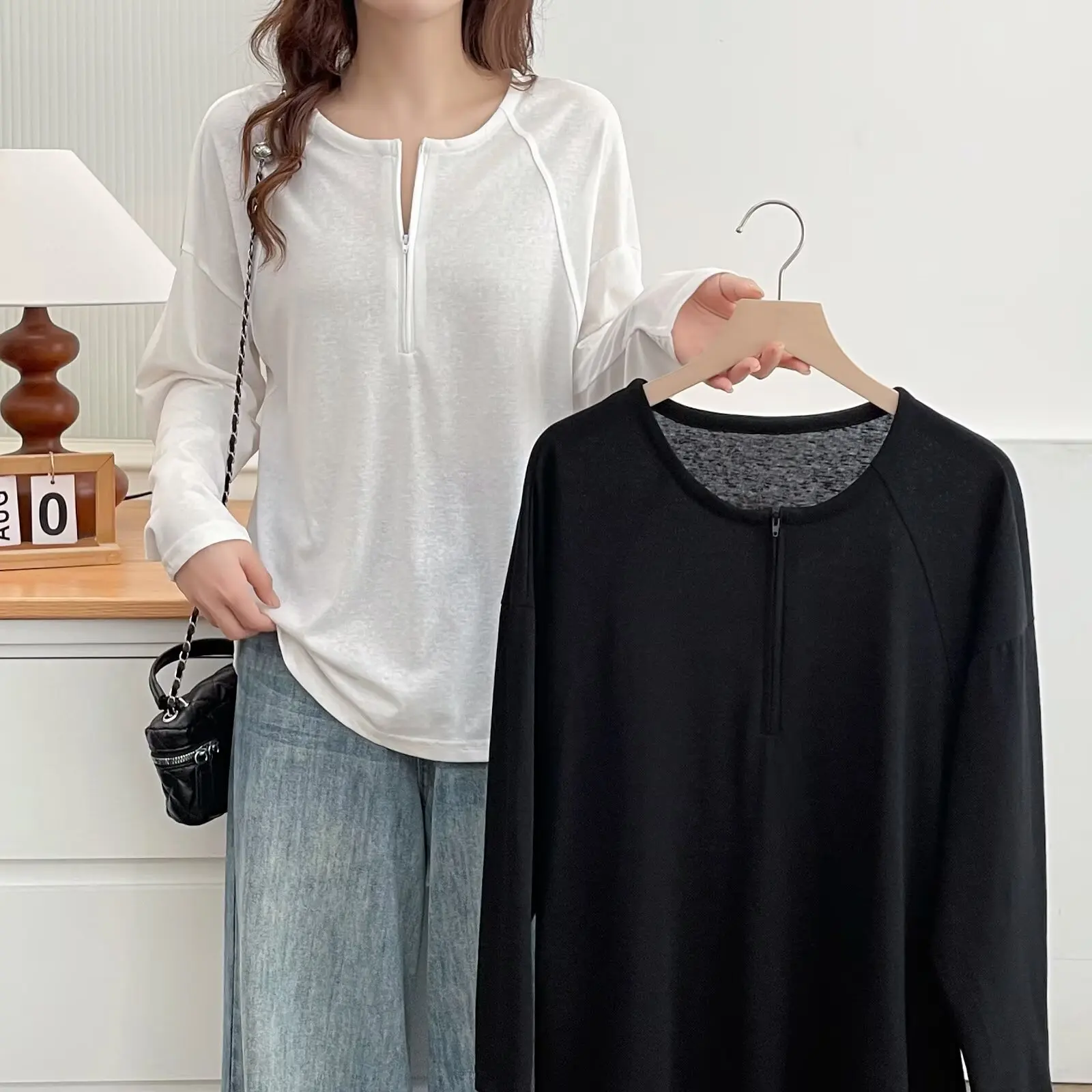 Fashion Plus Size Women's T-Shirt 2025 Autumn New Dotted Zipper semi-open Collar Snowflake Cotton Long Sleeve Tops 325