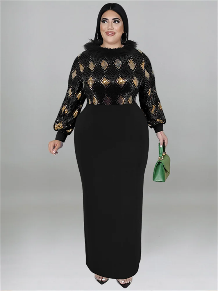 Wmstar Plus Size Dresses Women Print Patchwork Feather Long Sleeve Vintage Maxi Dress Elegant Streetwear Wholesale Dropshipping