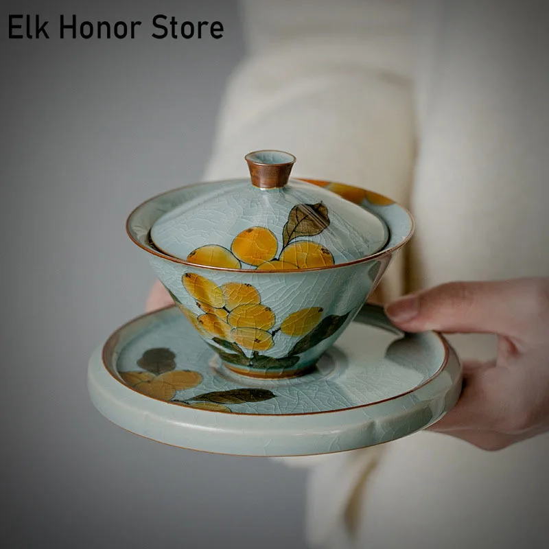 

100ml Boutique Borneol Glaze Ceramic Tea Tureen Pure Hand-painted Loquat Art Sancai Covered Bowl Tea Maker Gaiwan Kung Fu Teaset