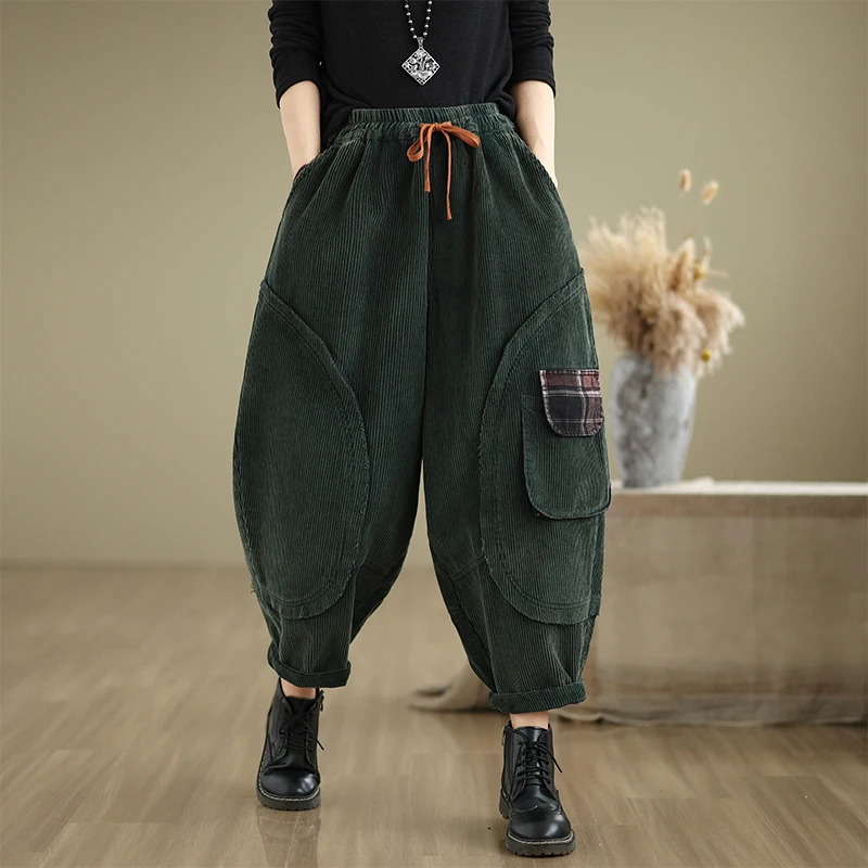 Retro Corduroy Harlan Pants Women's Autumn Winter New Loose plus Size Slimming Versatile Fce Lined Thiened Cross Pants