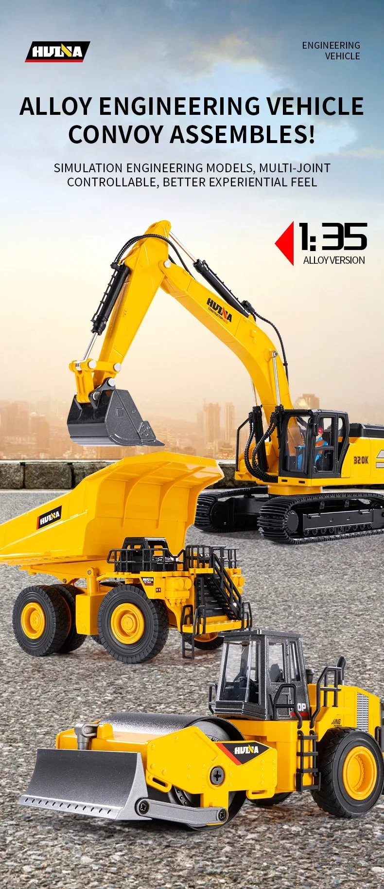 S8af9a0af9d014acea35f10fcdf083244w Huina Nowy produkt Statyczna koparka zrzutowa Symulacja pojazdu inżynieryjnego 1:35 Dekoracja zabawek dla dzieci Bez pilota