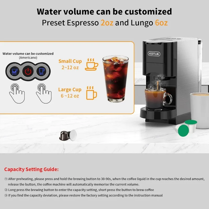 KOTLIE 19Bar Espresso Machine, 4in1 Coffee Machine for K cups Capsule/Nespresso original Capsules/Ground Coffee/44mm ESE Coffee 3