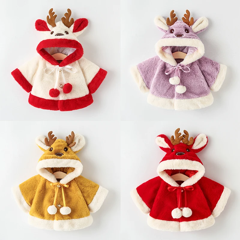 Cute Christmas Elk Plush Baby Jacket 2024 New Autumn Winter Warm Hooded Infant Girls Coat Princess Cloak 0-24 Month Baby Clothes