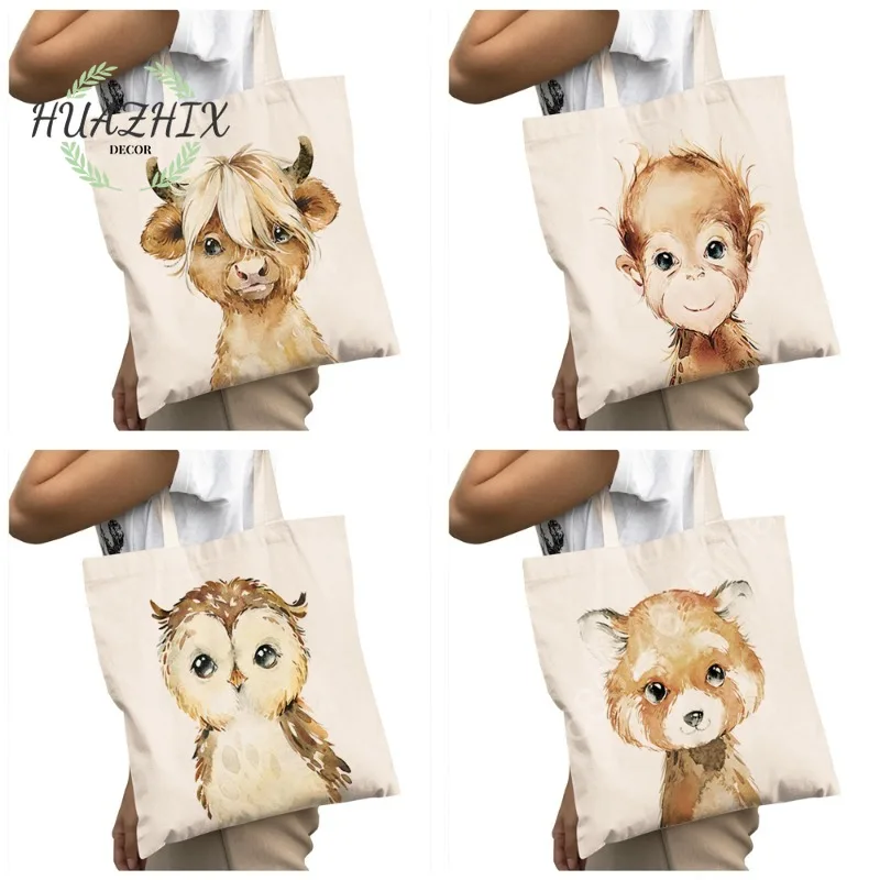 

Cartoon Animal Shoulder Bags Elephant Leopard Zebra Giraffe Hippo Lion Casual Shopping Tote Bag Canvas Large Capacity Handbag