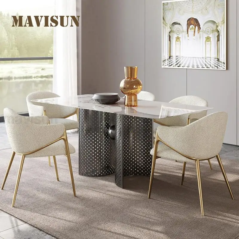 

Fashion Kitchen Furniture 12mm Thick Solid Rock Board Two Semi-Circular Stainless Steel Table Frame Rectangle Dining Table Set