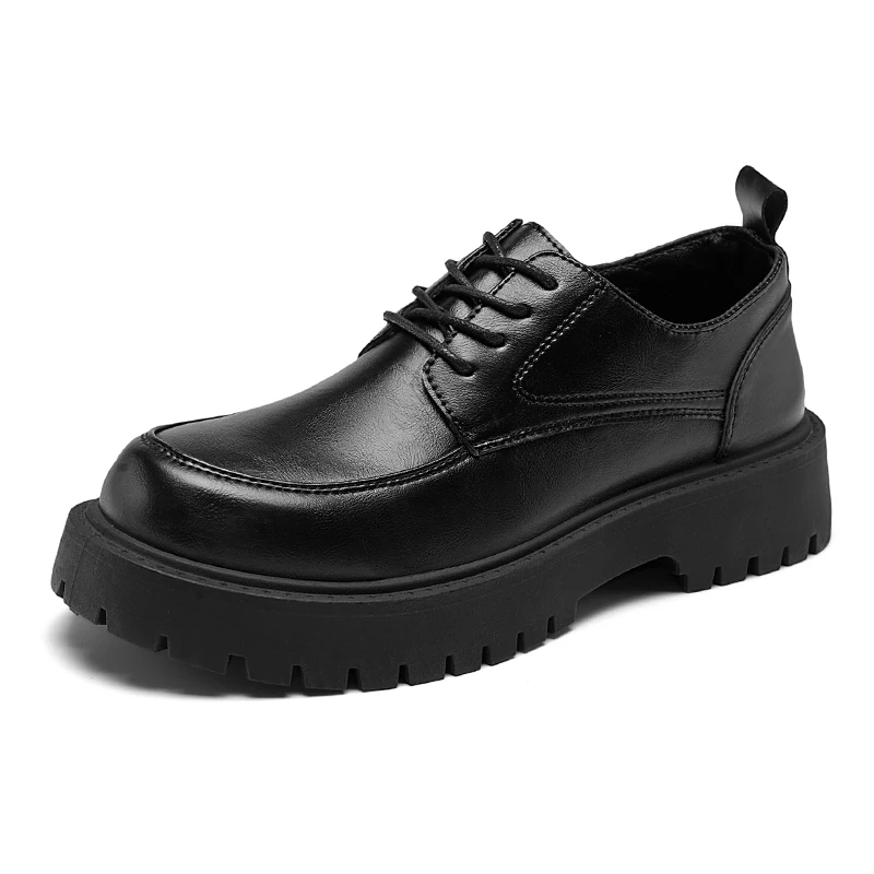 Fashion Black Leather Derby Shoes for Men Thick-soled Wedding Shoes Formal Business Lace-Up Casual Platform Loafers