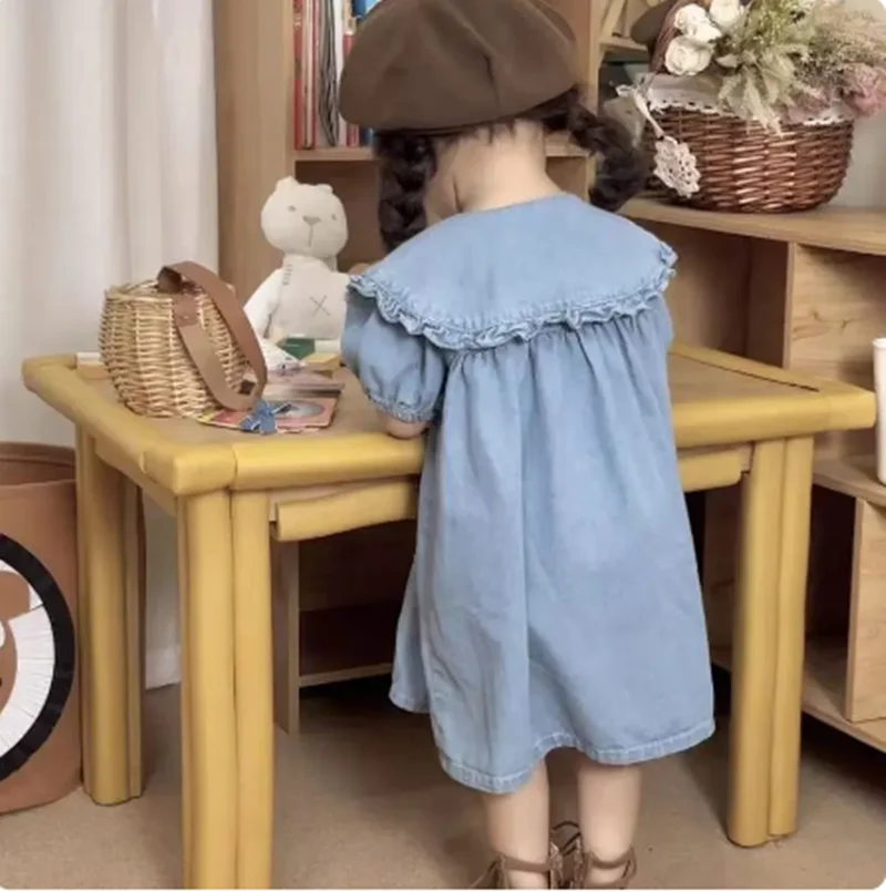 Children's Dress Summer Girl's Fashionable Bubble Sleeves Denim Dress Baby Cotton Short Sleeves Flip Collar Princess