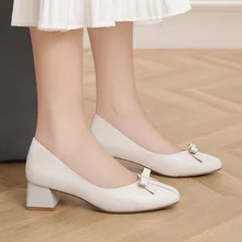 

Women Pumps Concise Serpentine Genuine Leather Pointed Toe Shoes Thick Heel Spring Autumn Fashion Office Lady Shoes
