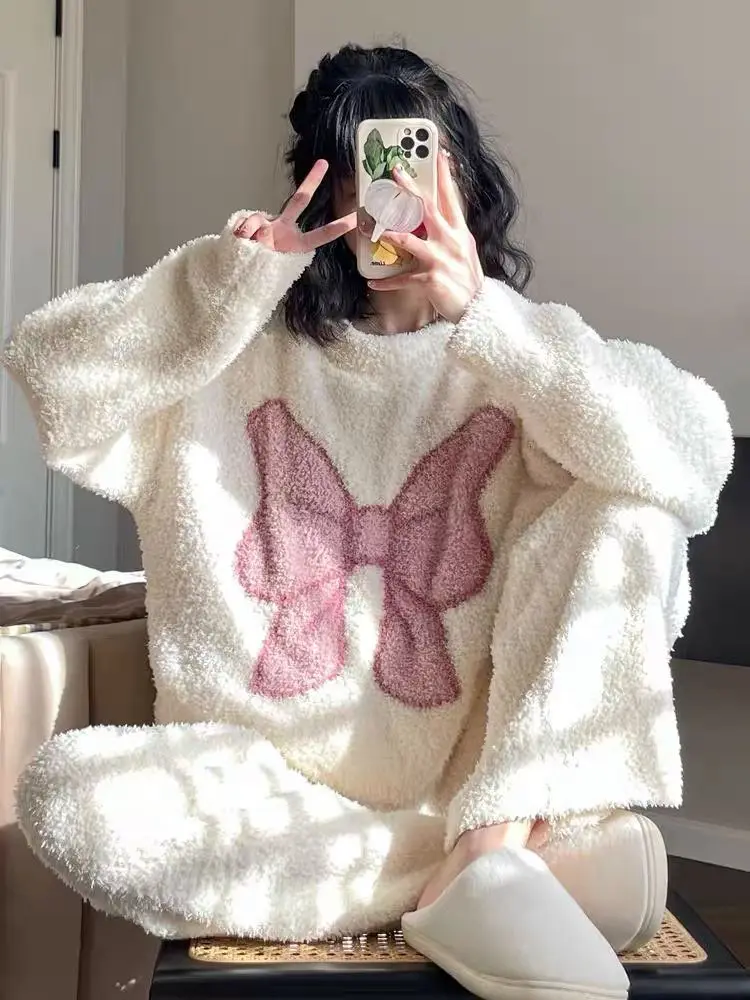 Yasuk Autumn Winter Fashion Women's Casual Lovely Bow Sweet Girl Warm Soft Sleepwear Loose Pajamas With Pants Flannel Pullover